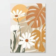 an orange, white and green flower print on a beige background with large leafy leaves