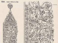 an old book with designs on it and another one in the middle, both depicting angels