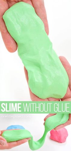 the slime without glue is being held up by someone's hand, and there are