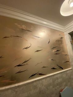 a bathroom wall with fish painted on it and lights above the toilet bowl in the corner