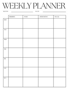 a blank weekly planner is shown in black and white, with the words'weekly planner'on it