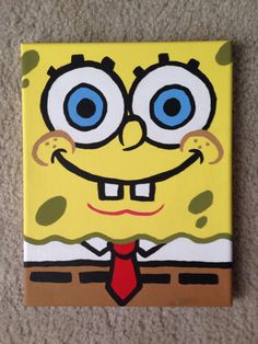 a painting of spongebob with blue eyes and a red tie on the floor