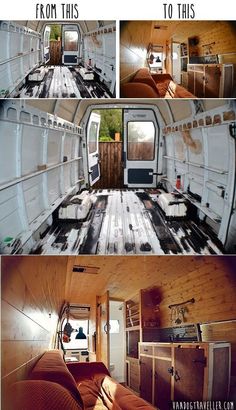 the inside of an old van with wood flooring and white walls, including windows