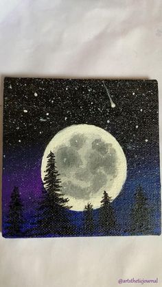 a painting of a full moon with trees in the foreground and stars in the background