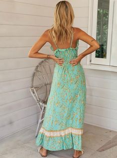 Material:CottonUnderwired:NoStyle:Loose , A-line , Sleeveless , Look-thinFeature:Floral Printed , Falbala , Split-jointNeckline:V-neck , Spaghetti-neckColor:GREENSize:S,M,L,XL Bohemia Dress, Line Dresses, Bohemian Pattern, Ruffles Fashion, Bohemian Print, A Line Dresses, Simple Green, Vestido Casual, Green Print