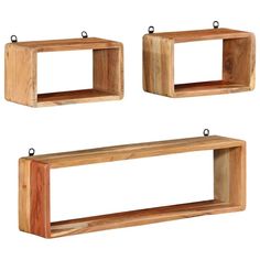 three wooden shelves with metal handles on each shelf