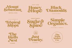 six different types of logos for the fruit and seed company, including honey & shoppe