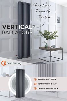 the vertical radiator is shown in three different positions, including one for heating