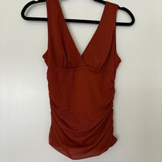 Mesh & Ruched V Neck Tank Top Rust Color Polyester/Elastane Never Worn Ruched V-neck Top For Vacation, Fitted V-neck Summer Top, Fitted Ruched Blouse For Beach, Ruched V-neck Tank Top For Party, V-neck Ruched Tank Top For Party, Summer Ruched V-neck Tops, Summer V-neck Ruched Top, Fitted Ruched Blouse For Vacation, Elegant Ruched Tops For Beach