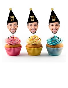 three cupcakes with faces on them and one has a birthday hat that says 30 af