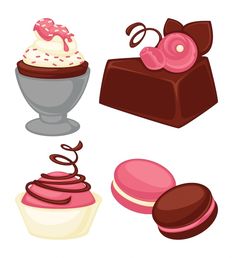 four different types of desserts on a white background