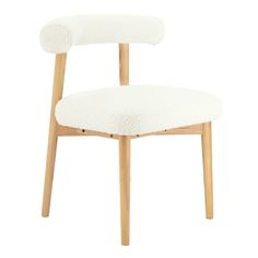 a white chair with wooden legs and a seat cushion on top of it, in front of a white background