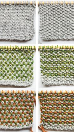 four rows of knitted fabric with different colors and patterns on them, all showing the same stitchs