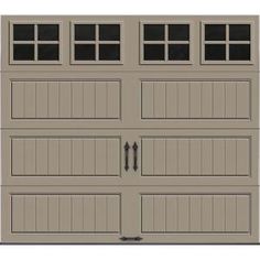 an overhead garage door with three windows on the top and bottom panel, in beige