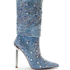 (eBay) Find many great new & used options and get the best deals for Womens Pointed Toe Pull on High Heels Rhinestone Decor Fashion Mid-calf Boots at the best online prices at eBay! Free shipping for many products! Trendy Blue Boots With Rhinestones, Glamorous High Heel Rhinestone Boots, Denim Blue Pointed Toe Party Boots, Glamorous Blue Rhinestone Boots, Blue High Heel Boots With Rhinestones, Bedazzled Jeans, Half Boots, Jeans With Heels, Denim Crafts