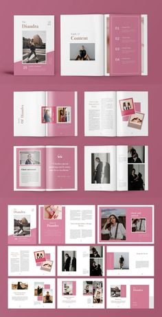 a pink and white brochure with photos on the front, back and side