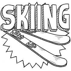 the word skiing with skis and snowboard on it coloring pages for kids, printable