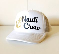 Nauti at 40! This is a fun hat for your favorite 40 year old and the Nauti Crew hats are perfect for her crew!! *this is an adult size trucker hat I welcome custom requests ~ please convo me to work out your own design! :: Hat Details :: - 100% Polyester Front - 100% Nylon Mesh Back - 5-panel cap - Seamless Foam Front Panel with Lining - Matching Mesh Color Braid - 8 Rows Stitching on Visor - Matching Fabric Undervisor - Matching Color Sweatband - Plastic Adjustable Snap White Nautical Cap, Fun White Cap Style Costume Hats, Fun White Costume Cap, Fun White Cap Style Costume Hats And Headpieces, White Trucker Baseball Cap For Party, Customizable Adjustable Party Hats, White Adjustable Mini Hats For Birthday, White Snapback Party Hat, Adjustable White Mini Hat For Birthday