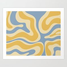 a yellow and blue art print with wavy lines