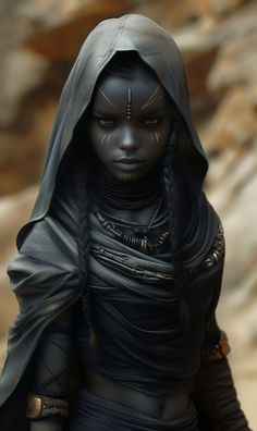 a woman dressed in black with a hood on