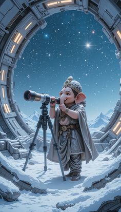 a cartoon character looking through a telescope into the sky with snow on the ground and mountains in the background