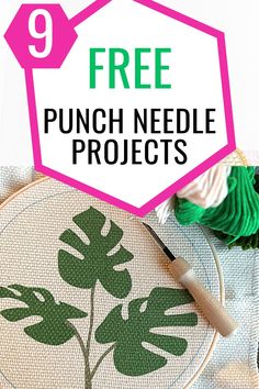 a cross stitch project with the text free punch needle projects on it and an image of a potted plant