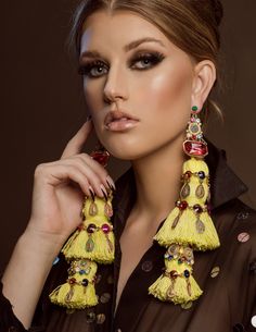 Tzitzit Tassel Earrings. Chunky, unique and attention-grabbing. Vibrant Yellow Dangle Earrings, Glamorous Party Jewelry With Tassels, Unique Yellow Earrings For Party, Yellow Jeweled Jewelry For Party, Yellow Latkan Earrings For Party, Bohemian Yellow Earrings For Party, Yellow Latkans Earrings For Party, Luxury Yellow Jewelry For Party, Yellow Dangle Tassel Earrings For Party