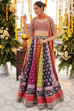 Indian Bridal Dress in Multicolored Lehenga Choli Dress Multicolored Lehenga, Bridal Choli, Traditional Bridal Look, Mehndi Makeup, Ornaments Making, Indian Bride Makeup, Choli Dress, Cotton Lehenga, Purple Shades