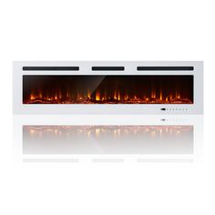 a white electric fireplace with flames in the middle and reflection on the floor, against a white background