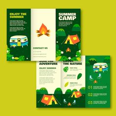 three fold brochure with camping camper and tent on it, in green background