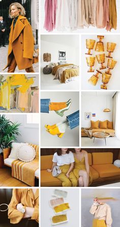 a collage of photos with different colors and patterns on the same wall, including yellow furniture