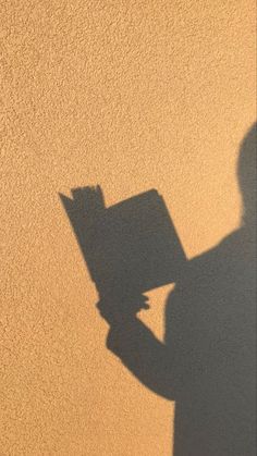 the shadow of a person holding a laptop in their hand, against a beige wall