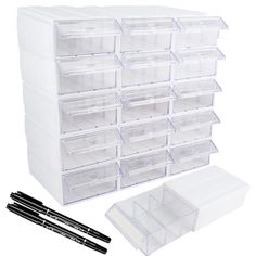 plastic storage drawers with dividers and pens