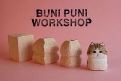 three wooden toys with the words buni puni workshop written above them on a pink background