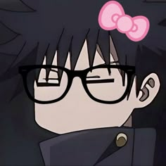 an anime character with glasses and a pink bow on her head, staring at something