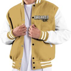 Brand Dunkare Craft Paris 6s Varsity Jacket Custom Name Sneaker Girl Money All Over Print Baseball Varsity Jacket Casual Yellow Outerwear With Letter Print, Casual Yellow Varsity Jacket, Casual Yellow Varsity Jacket For Fall, Fall Yellow Letter Print Outerwear, Casual Yellow Outerwear For College, Casual Yellow Outerwear For School, Fitted White Outerwear For School, Varsity Jacket Men, Baseball Varsity Jacket