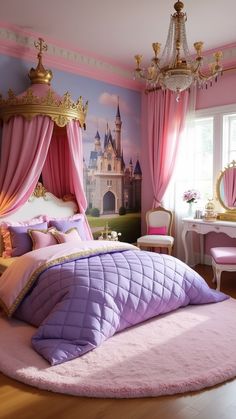 a bedroom decorated in pink and gold with a princess castle wall mural on the wall