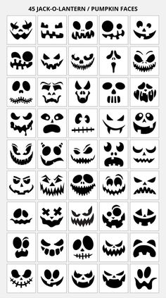 halloween pumpkin faces are shown in black and white, with the words jack - o'lantern