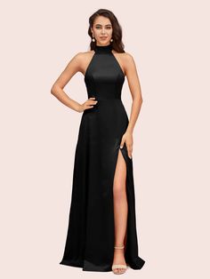 Details Material: soft satin, pongee.Silhouette: A-lineNeckline: High NeckLength: Floor-LengthEmbellishment: NoStraps: StraplessSleeve: SleevelessBack Style: Lace Up BackFully Lined: YesBuilt-In Bra: NoBoning: NoSize: General, Plus size, JuniorModel's Size: US2 Which Bust 33'', Waist 26.5'', Hip 36.5'', Height 69'' with shoesSize:Different brands have different size chart, please only error is less than 1'' between your real measurements (bust, waist, hip: biggest part of hip, hollow to floor wi Black High Neck Bridesmaid Dress, All Black Bridesmaid Dresses, High Neck Bridesmaid Dresses, Jade Bridesmaid Dresses, Party Inspo, Black Bridesmaid Dresses, Satin Bridesmaid Dresses, Black Prom Dresses, Formal Dresses Prom