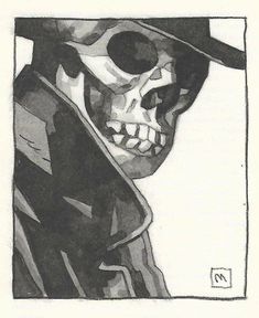 a black and white drawing of a skeleton wearing a hat with a trench coat on