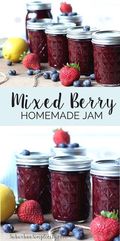 mixed berry homemade jam in mason jars with fresh berries and lemons on the side