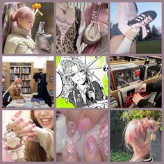 the collage shows many different pictures of women with pink hair and nail polishes