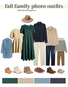 the fall family photo outfits are all in green, beige and blue with neutrals