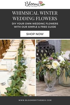 a table with flowers, candles and vases on it is featured in the bloomery box