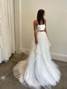 Simple Wedding Dresses Two Piece Wedding Dress with Layered Tulle Skirt AWD2001-SheerGirl Wedding Dresses Two Piece, Chosen By Kyha, Dresses Two Piece, Simple Wedding Dresses, Two Piece Wedding Dress, Layered Tulle Skirt, Simple Wedding, Bridal Gown, Tulle Skirt