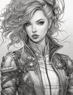 a black and white drawing of a woman with long hair wearing a leather jacket, looking at the camera