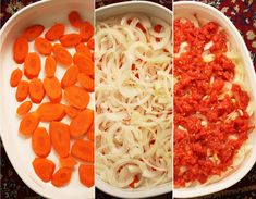 three pictures show the process of making pasta with carrots, onions and tomato sauce