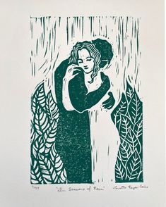 a drawing of two people hugging in the rain, with trees and grass behind them