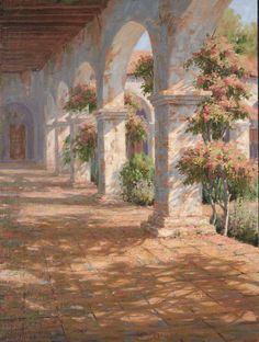 an oil painting of a courtyard with flowers on the wall and arches in the background