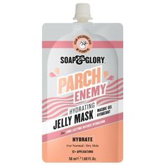 Soap & Glory Parch Enemy Hydrating Jelly Face Mask Someone once said I wear a mask, and that mask is not to hide who I am, but to create a heavenly hydrated face behind it. Words to live by. And in fact, that we do. This is why weve created Parch Enemy Hydrating Jelly Mask  our skin-satisfying, marvelously moisturizing mask, jam-packed with goodies such as vitamin B5 and hyaluronic acid, for skin thats as quenched as the day is long. Not only that, but the lightweight jelly texture works to smoo Jelly Face Mask, Jelly Mask, Soap Glory, Texture Words, Soap And Glory, Face Hydration, No Waste, Vitamin B5, Makeup Skin Care